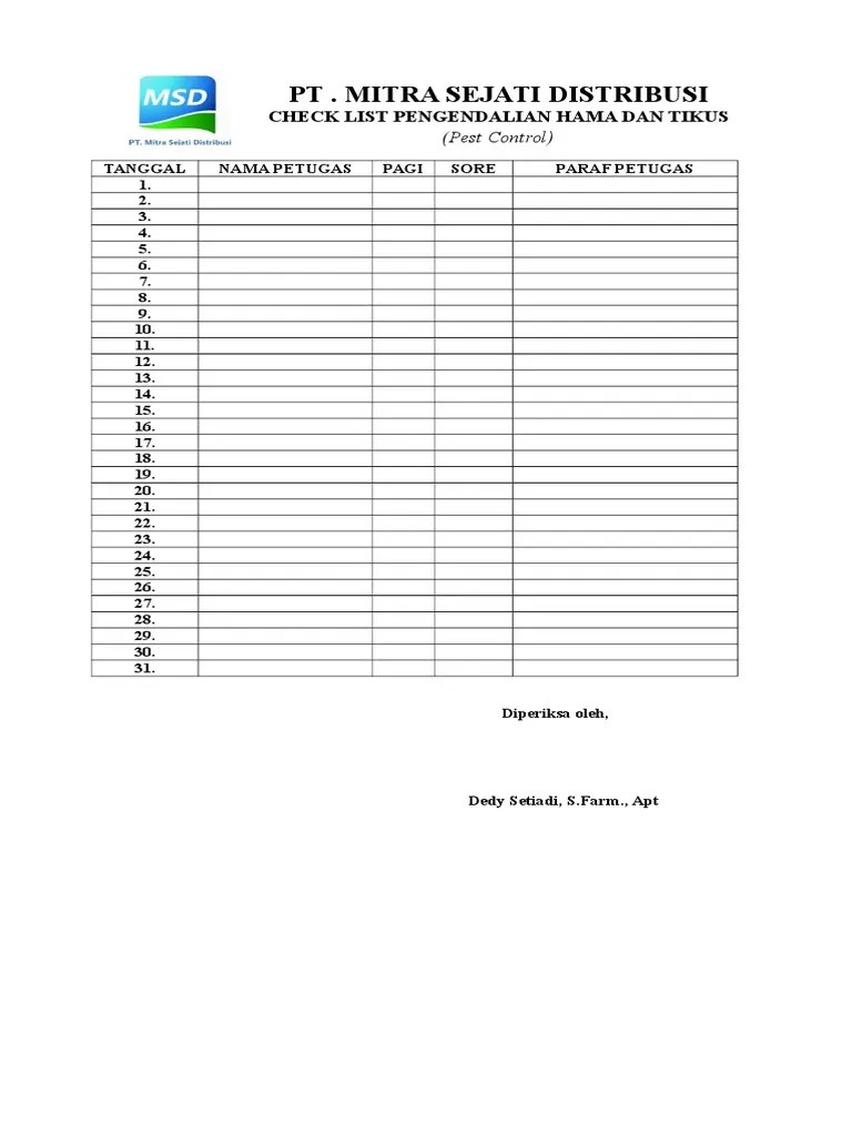 Check List Pengendalian Hama Gudang MSD