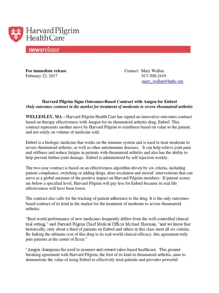 Harvard Pilgrim news release on contract with Amgen for