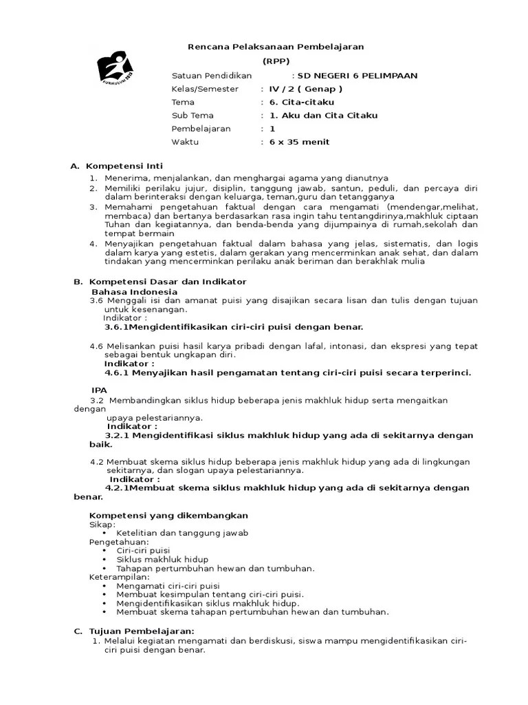 RPP Kelas 4 semester 2 K13 TEMA61 Pembelajaran1 CitaCitaku Subtema 1