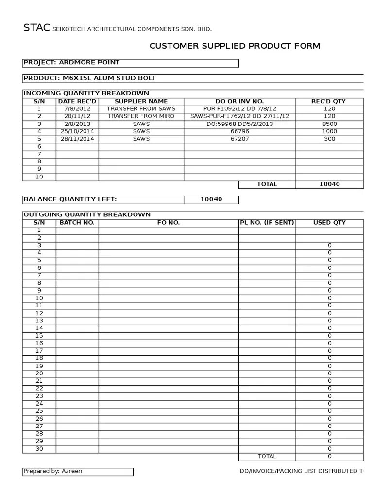 Customer Supplied Product Form Project Ardmore Point Product M6X15L