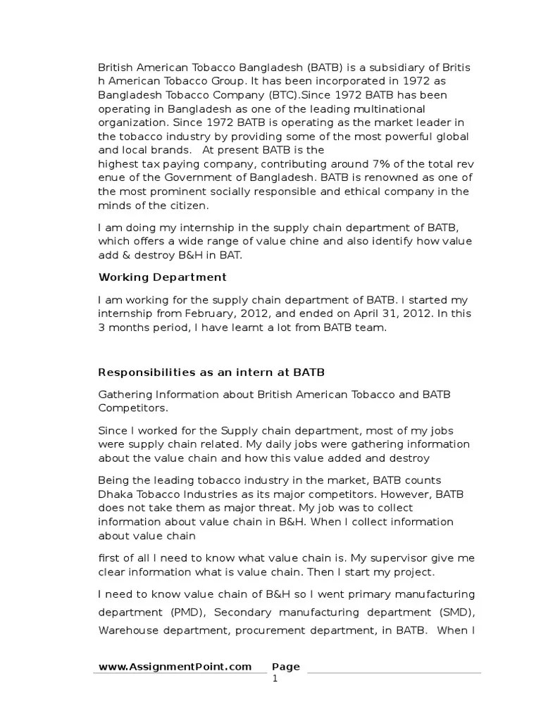 Report on Value Chain Analysis of British American Tobacco BD Brand