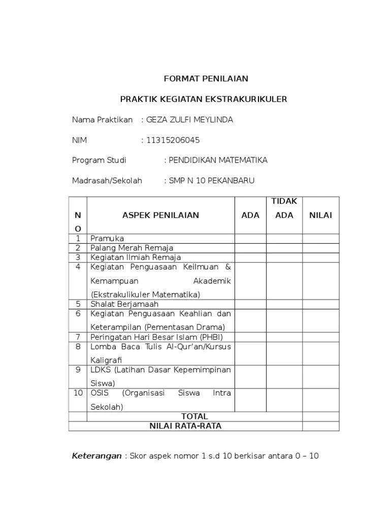 Format Penilaian Praktik Kegiatan Ekstrakurikuler Keterangan Skor