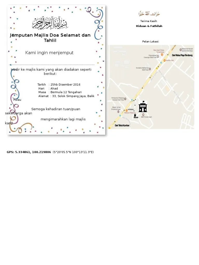 Jemputan Majlis Doa Selamat Dan Tahlil PDF