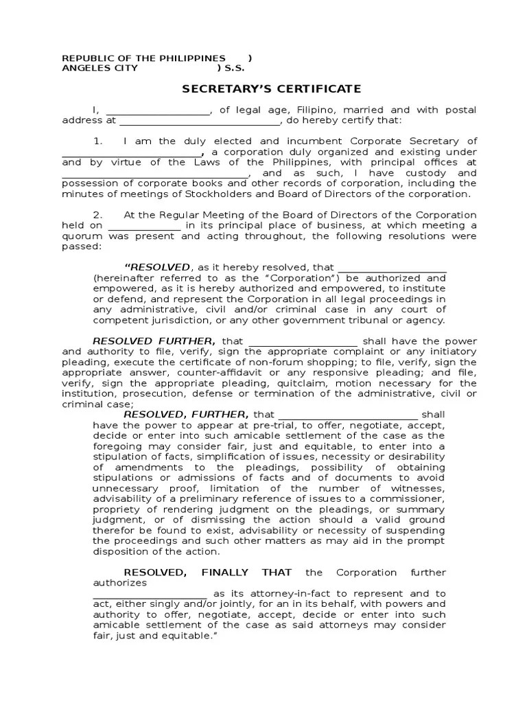 Secretary's CertificateTemplate File Complaint 22117 Pleading