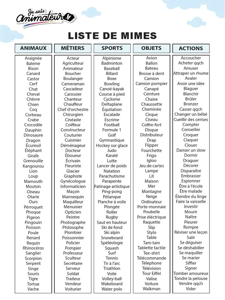 liste de mimes - Je suis animateur