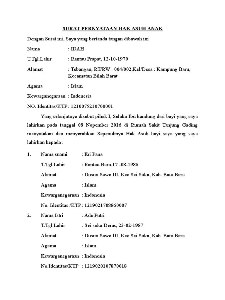 Contoh Isi Surat Perjanjian Hak Asuh Anak