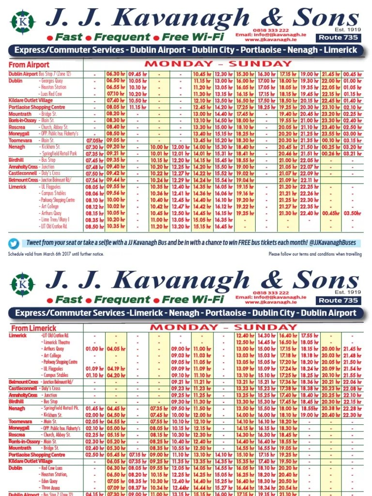 Latest JJ Kavanagh Limerick to Dublin Bus Timetable Dublin Public