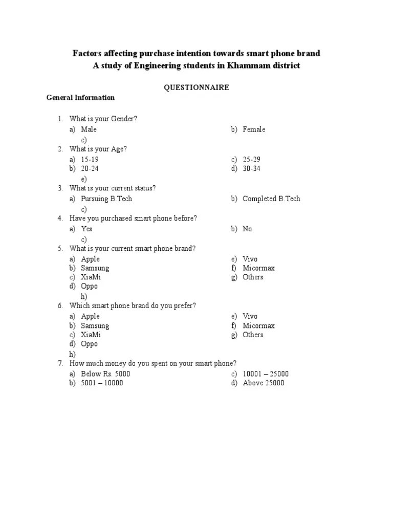 Questionnaire On Smart Phones Mobile Computers Mobile Phones