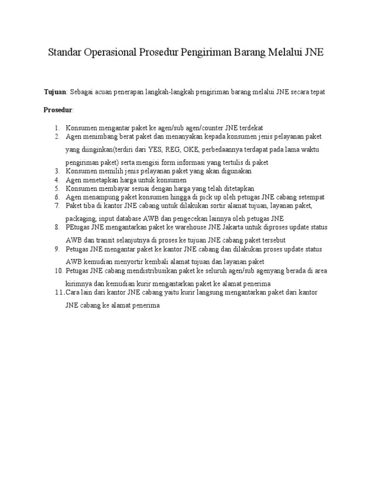 Standar Operasional Prosedur Pengiriman Barang Melalui JNE | PDF