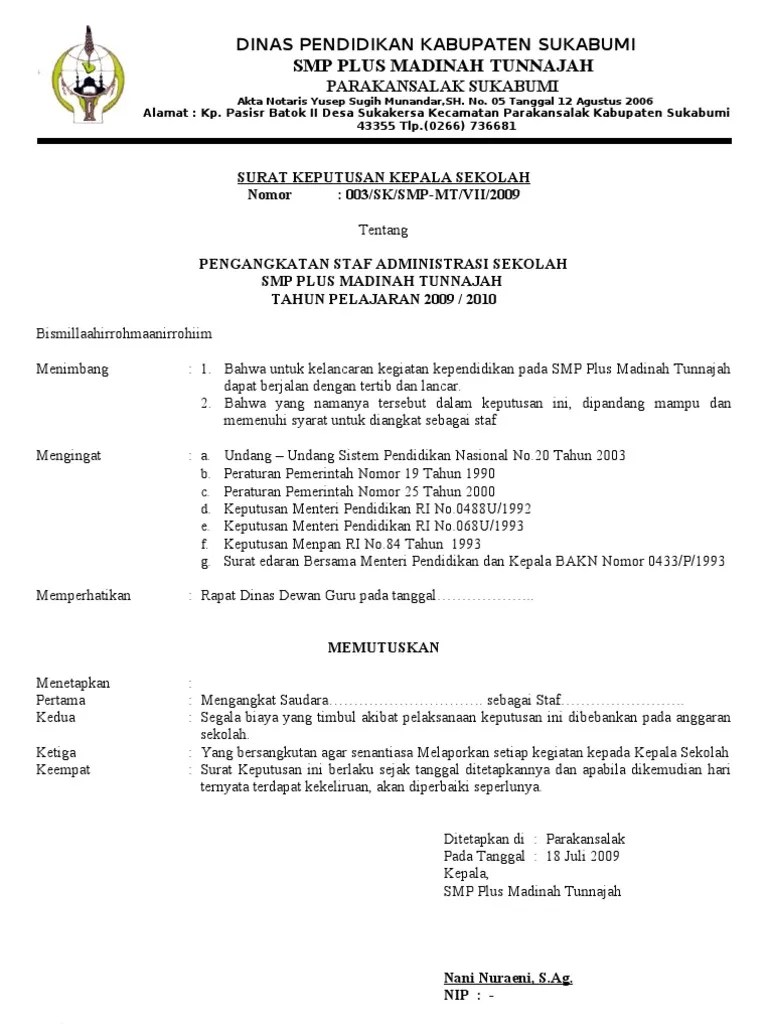 Contoh Surat Keputusan Tenaga Kependidikan Enza News