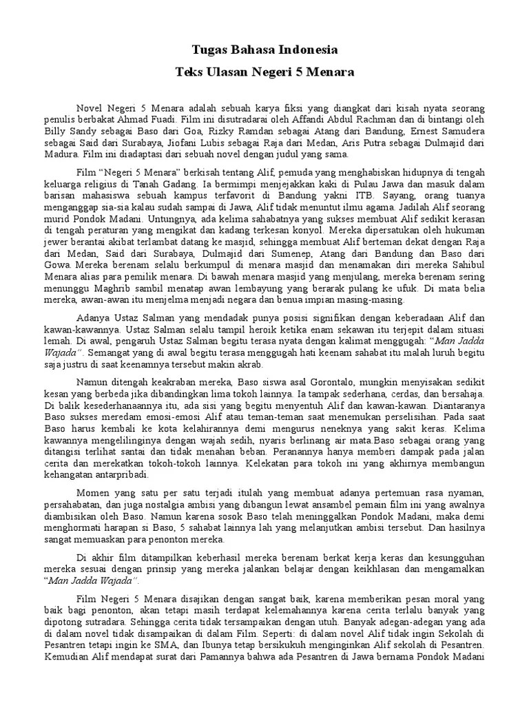 Teks Ulasan Novel Negeri 5 Menara
