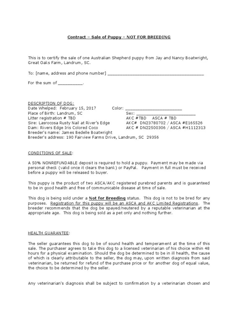 Dog Contract No Breeding PDF American Kennel Club Veterinary Physician