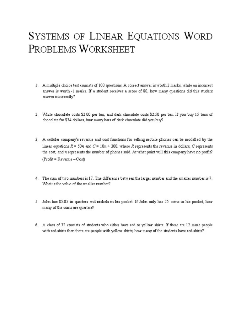 systems of linear equations word problems worksheet