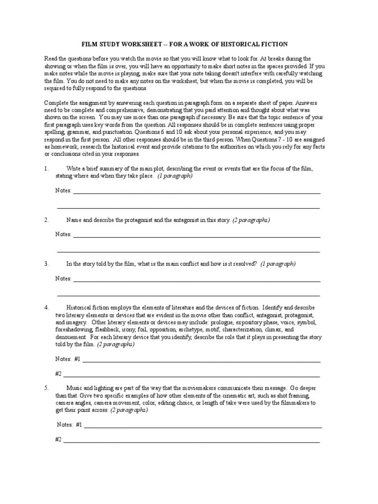 Film Study Worksheet Social Studies PDF Paragraph