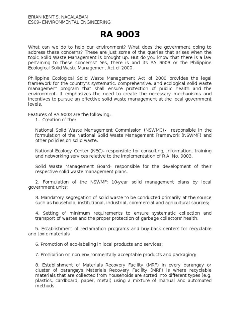 Republic Act 9003 Municipal Solid Waste Waste Management