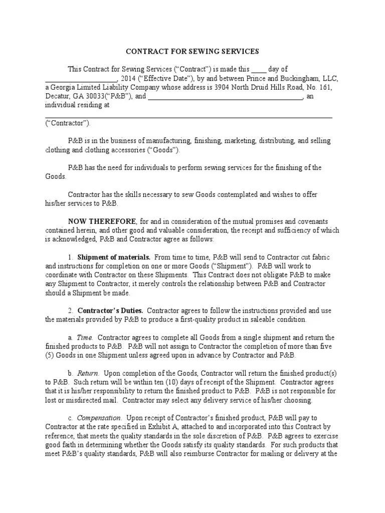 Contract for Sewing Services Independent Contractor Trade Secret