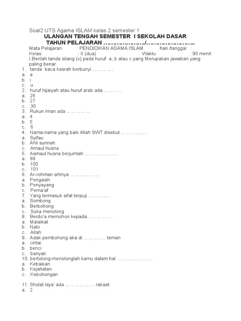 Soal Ulangan Agama Islam Kelas 2 Sd Semester 1