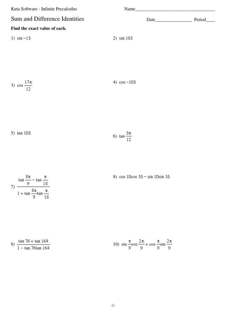 Sum And Difference Identities Worksheet