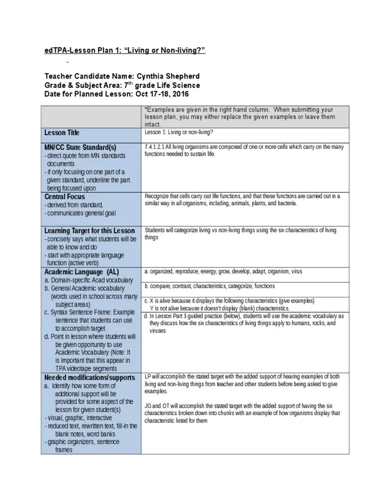 Edtpa Lesson Plan Examples Sixteenth Streets