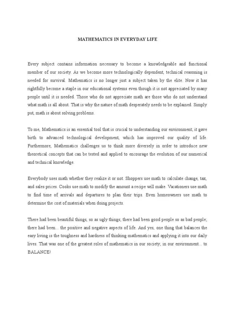 Mathematics in Everyday Life Essay Life Physics & Mathematics