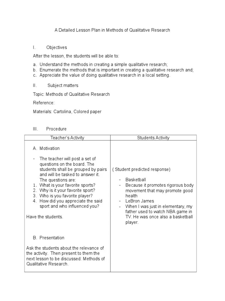 A Detailed Lesson Plan in Research 1 PDF Observation Qualitative Research