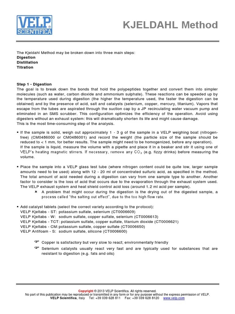 VELP Kjeldahl Method PDF Titration Chemistry