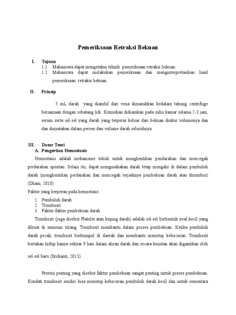 Pemeriksaan Retraksi Bekuan Dasar Teori Tujuan Prinsip | PDF