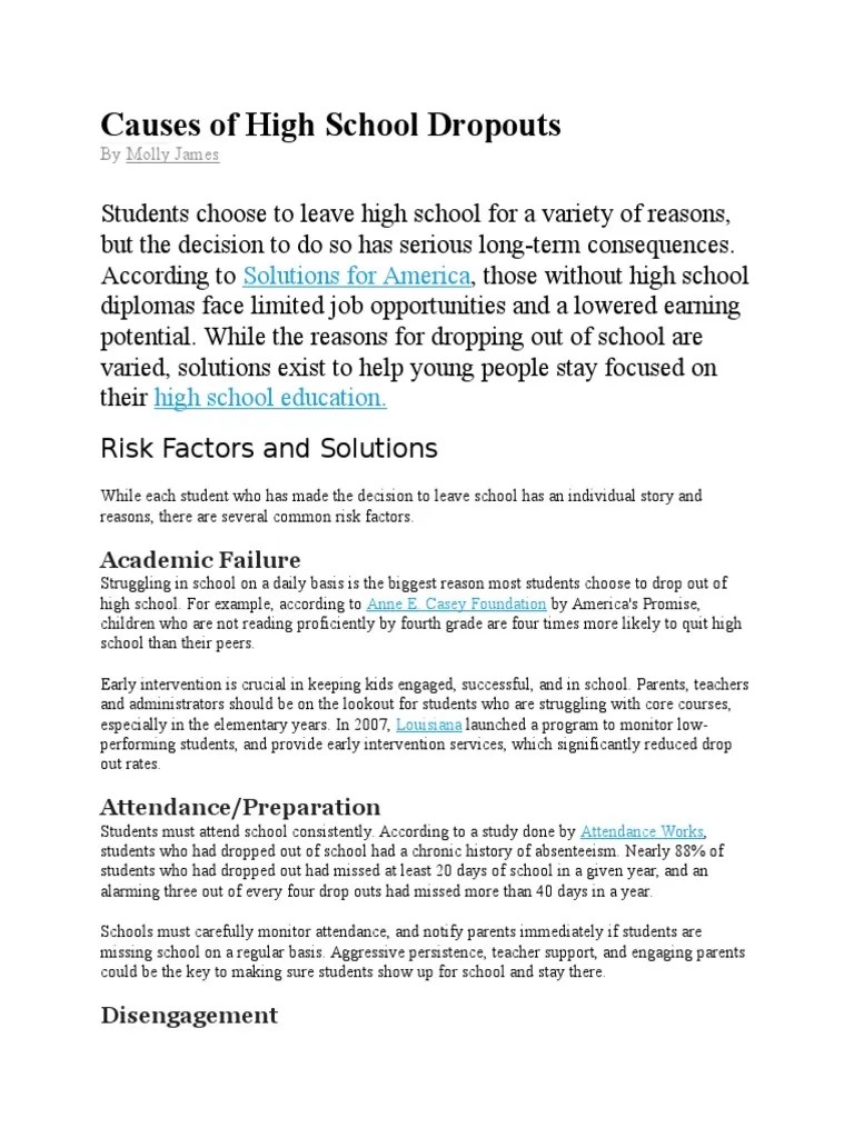 Causes of High School Dropouts High School Dropouts Secondary School