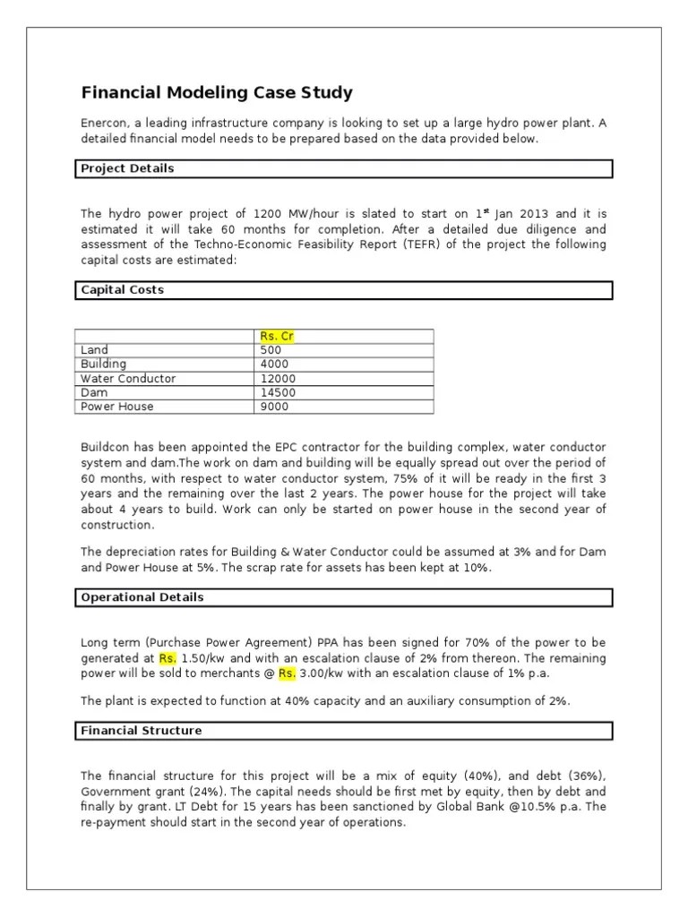 Financial Modeling Case Study (Enercon) PDF Debt Equity (Finance)