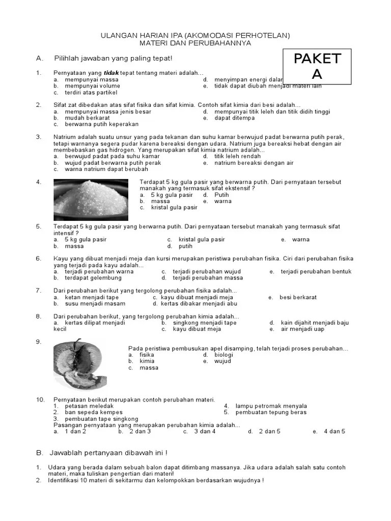 Soal Ulangan Ipa Terapan Kelas X SMK Pariwisata Bab Materi | PDF