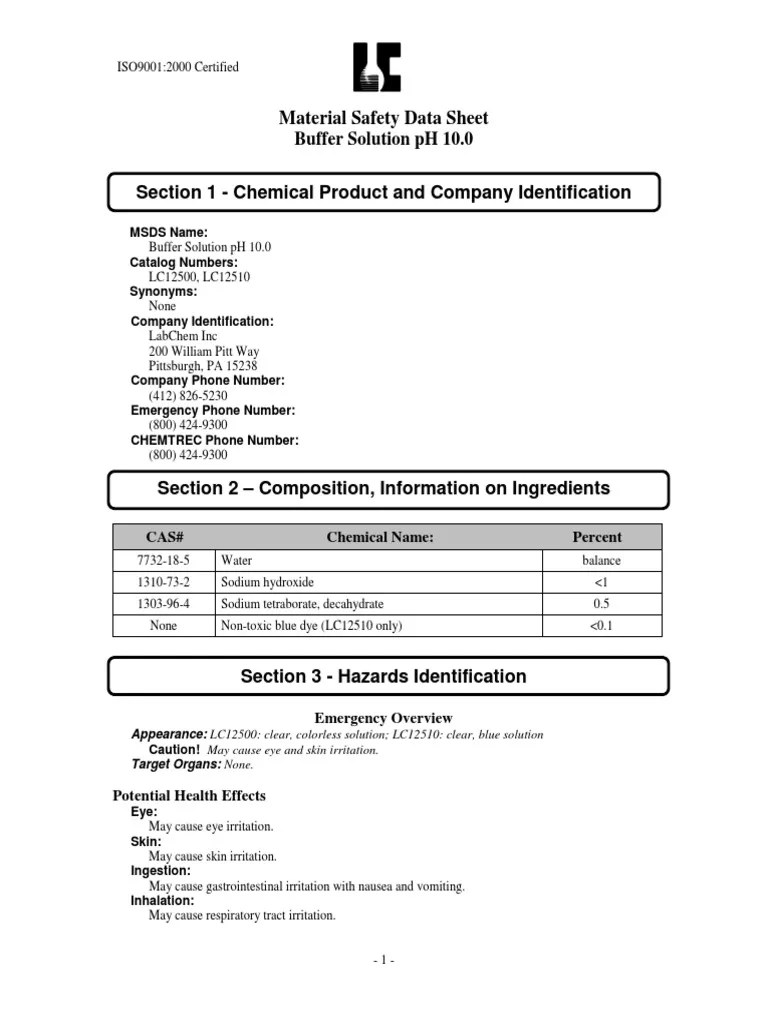 Material Safety Data Sheet Buffer Solution pH 10.0 Section 1 Chemical