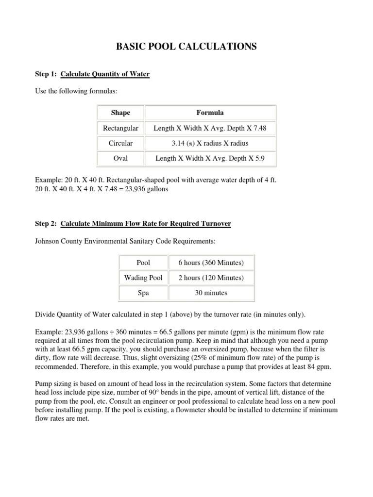 Basic Pool Calculations Step 1 Calculate Quantity of Water PDF