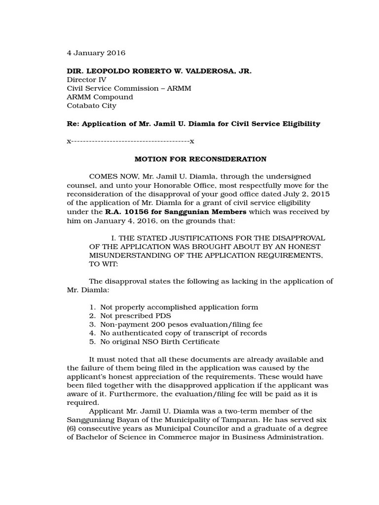 sample motion for reconsideration civil service Virtue Politics