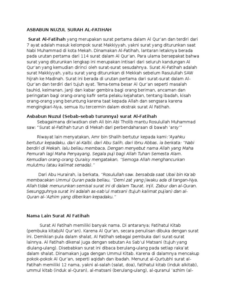 Asbabun Nuzul Surah Al Fatihah | PDF