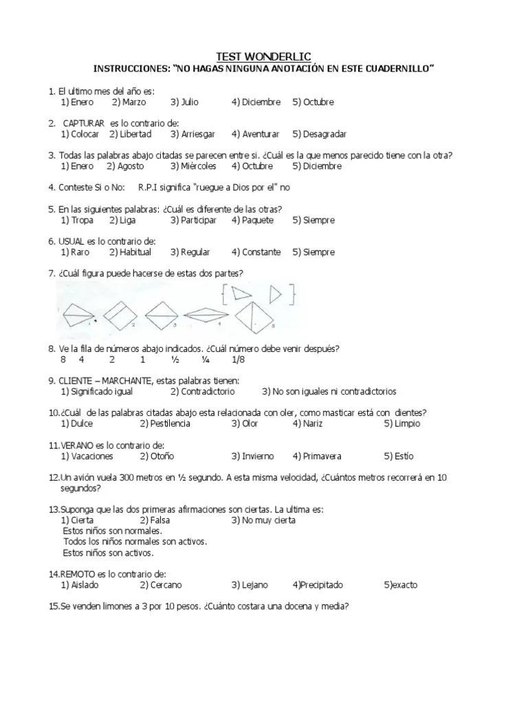 Test Wonderlic Plantilla | PDF | Idiomas