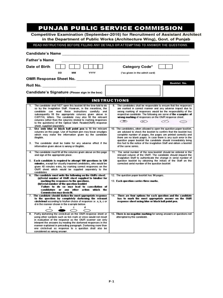 Previous Papers PPSC Assistant Architect Competitive Exam Code 6350