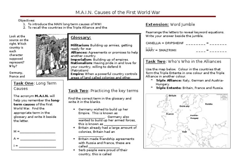 MAIN Causes WWI Worksheet German Empire World War I