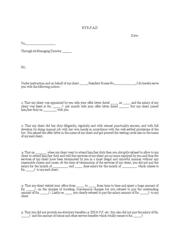 Legal Notice for Recovery of Salary Lawsuit Government