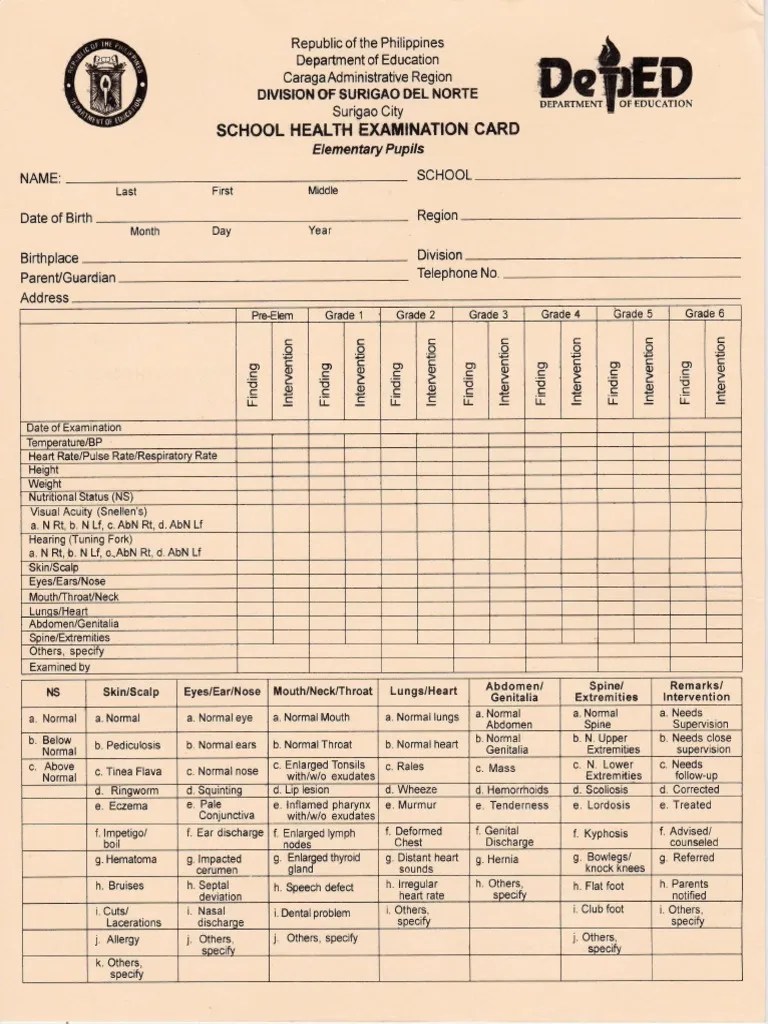 School Health Examination Card for Elementary Human Tooth Dentistry