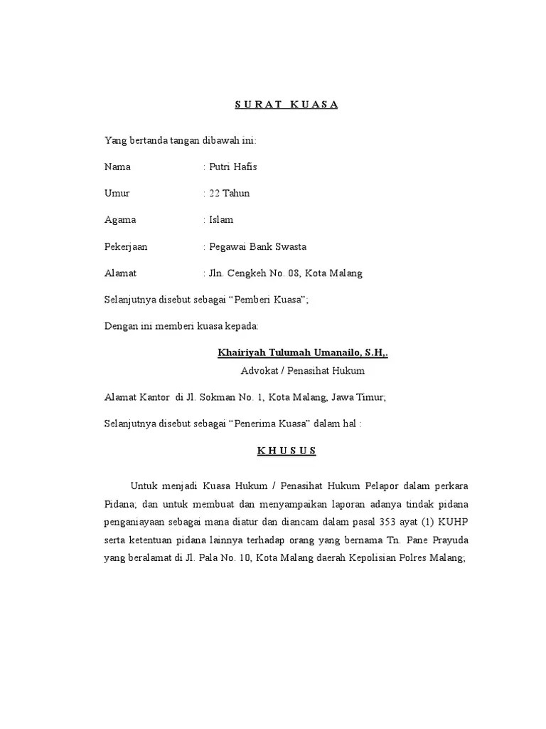 16 Contoh Surat Kuasa Khusus Pidana Penganiayaan