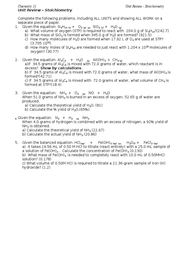 introduction to stoichiometry worksheet answers