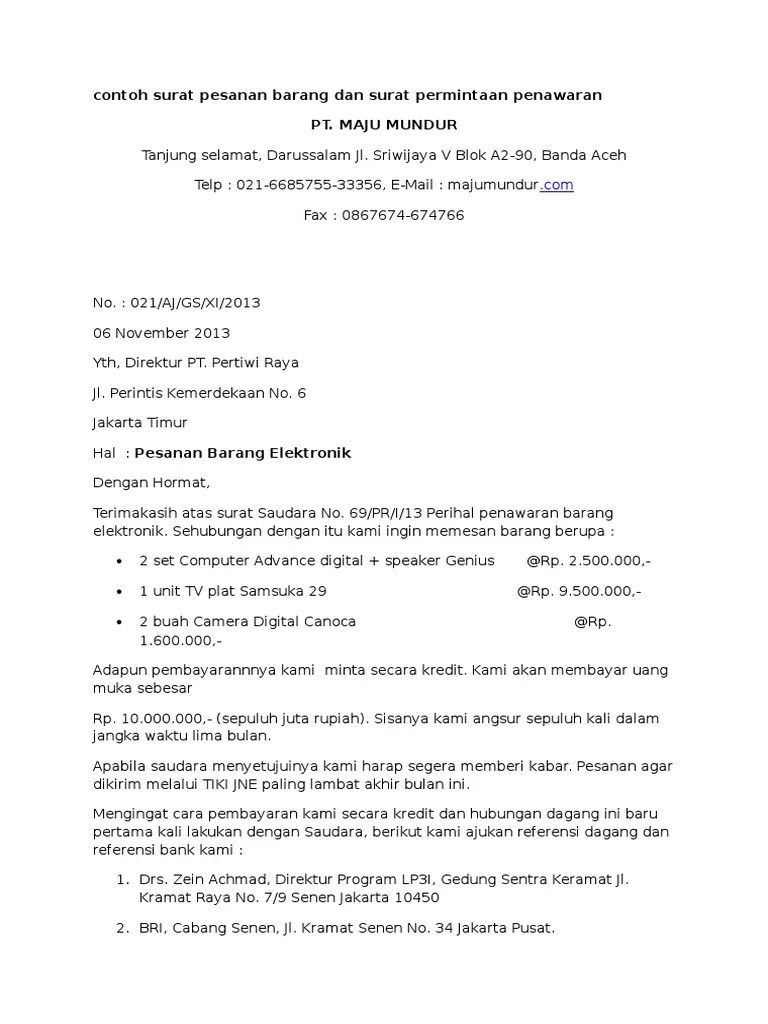 Contoh Surat Pesanan Barang Dan Surat Permintaan | Pdf