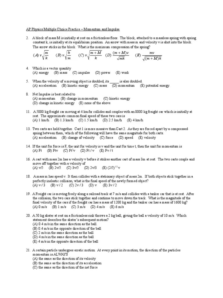 Momentum and Impulse MC Practice Problems Momentum Collision