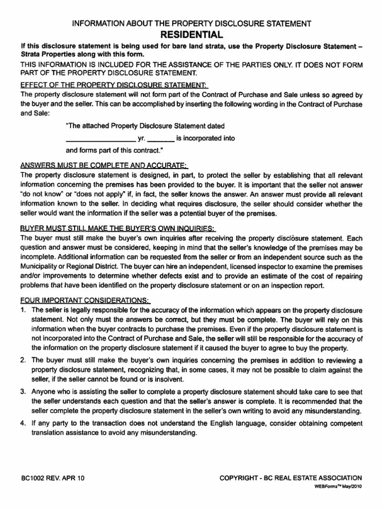 British Columbia Property Conditional Disclosure Statement Residential