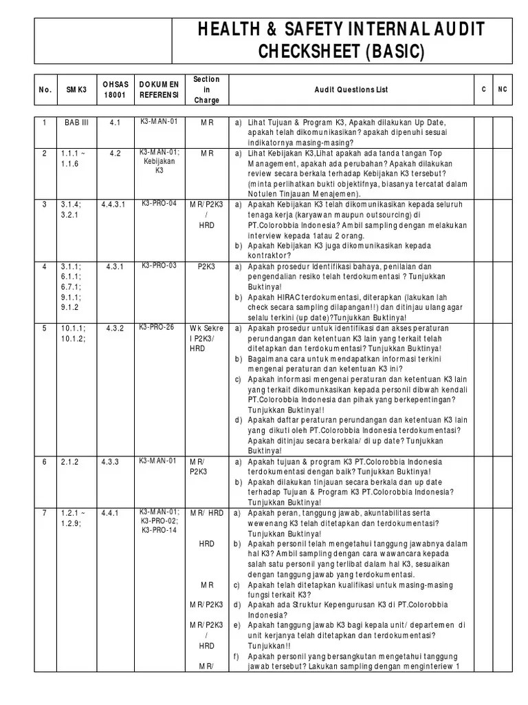 Health and Safety Internal Audit Checklist PDF