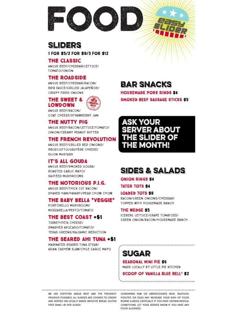 Easy Slider Dallas Menu Bacon Hamburgers