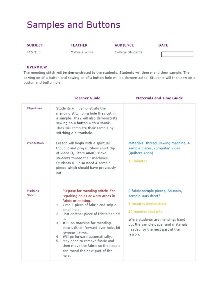 lesson plan 1 Sewing Sewing Machine