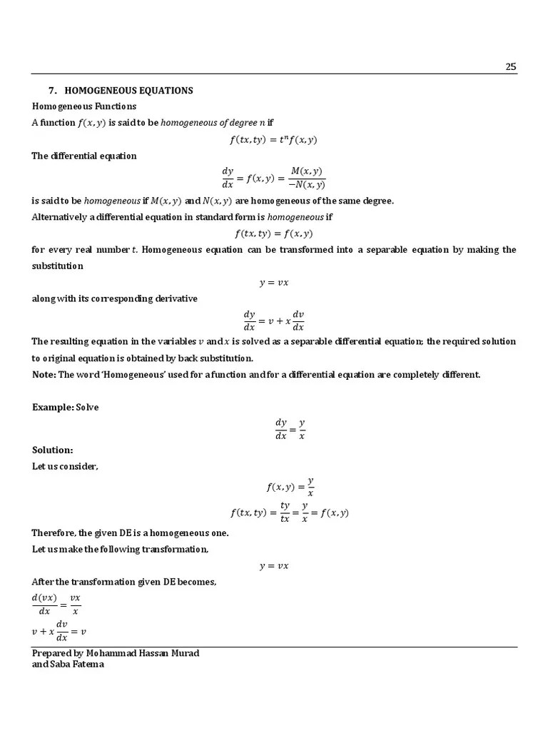 Homogeneous Differential Equation PDF Equations Sine