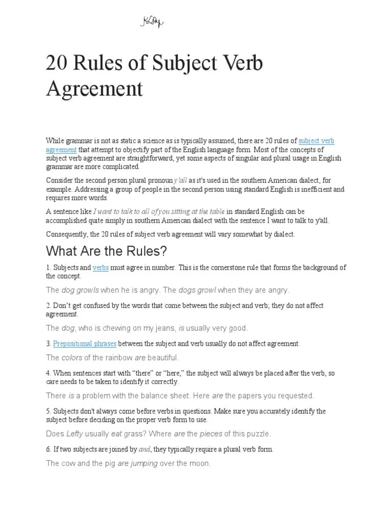 20 Rules of Subject Verb Agreement PDF Grammatical Number English