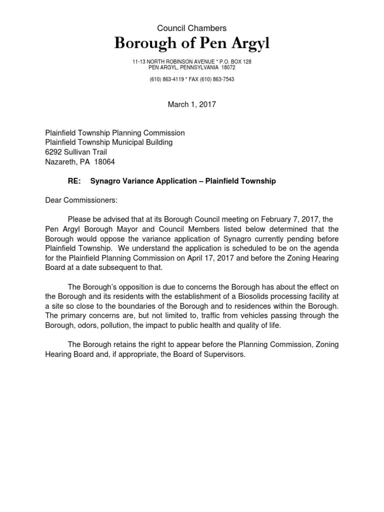 Pen Argyl Letter To Plainfield Township Planning Commission Opposing